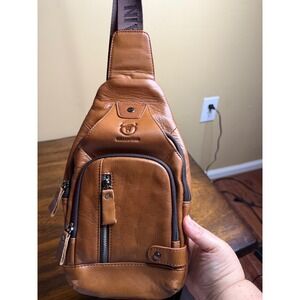 Bullcaptain Leather Sling Bag Brown Crossbody Chest Pack with USB Port NEW